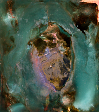 HELEN, 2015 Oil, ink, tar, copper, schellack, pigments on canvas. 90 x 80 x 1,8 cm / 35.43 x 31.5 x 0.71 in
