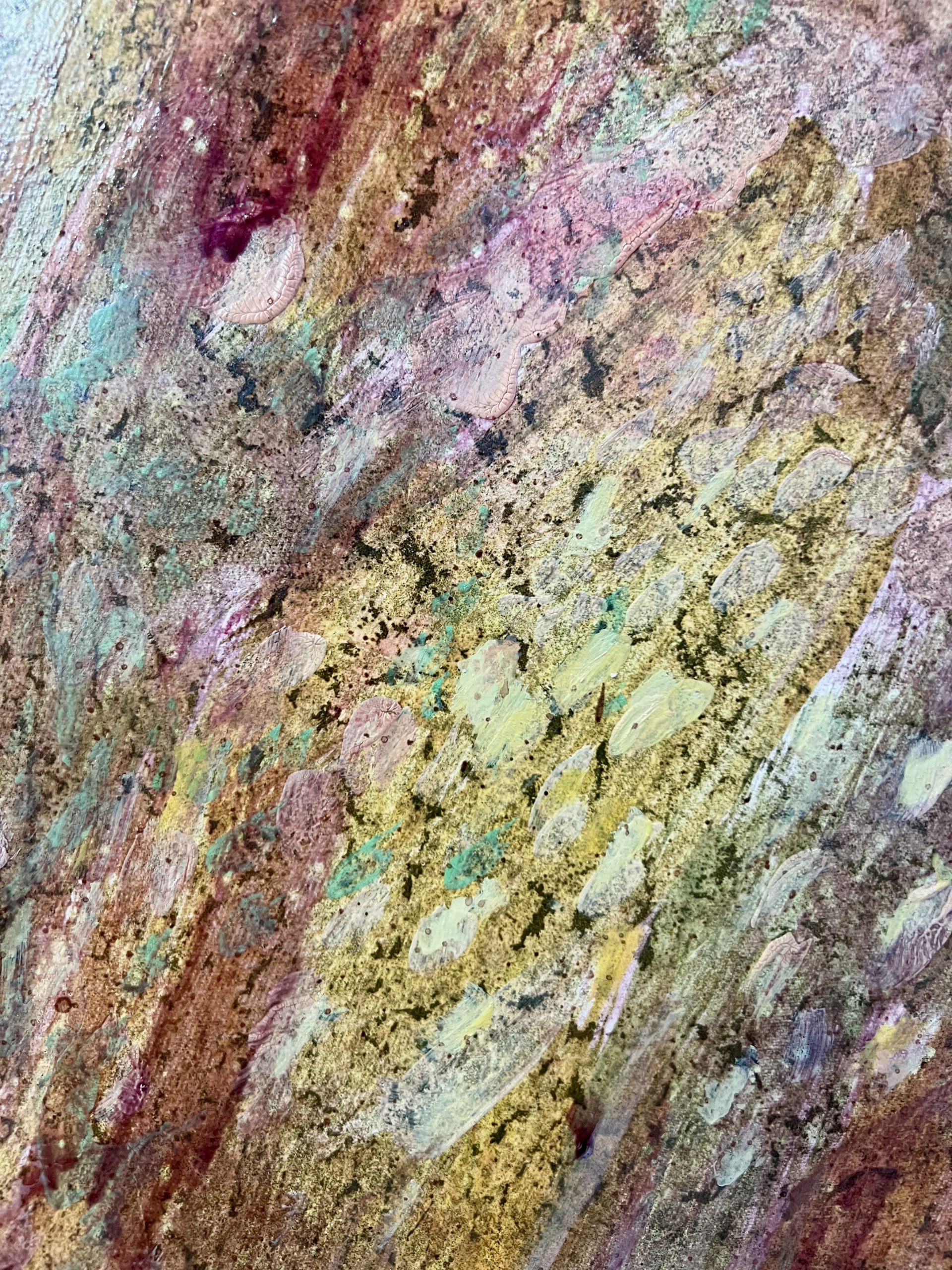 UNTITLED, 2025. 
Oil, egg tempera, tar, ink, ink, aluminium, mother-of-pearl, copper, shellac on cotton. 
190 x 150 cm / 74,80 x 59,05 in. 
Item-ID: RL/P-25-100