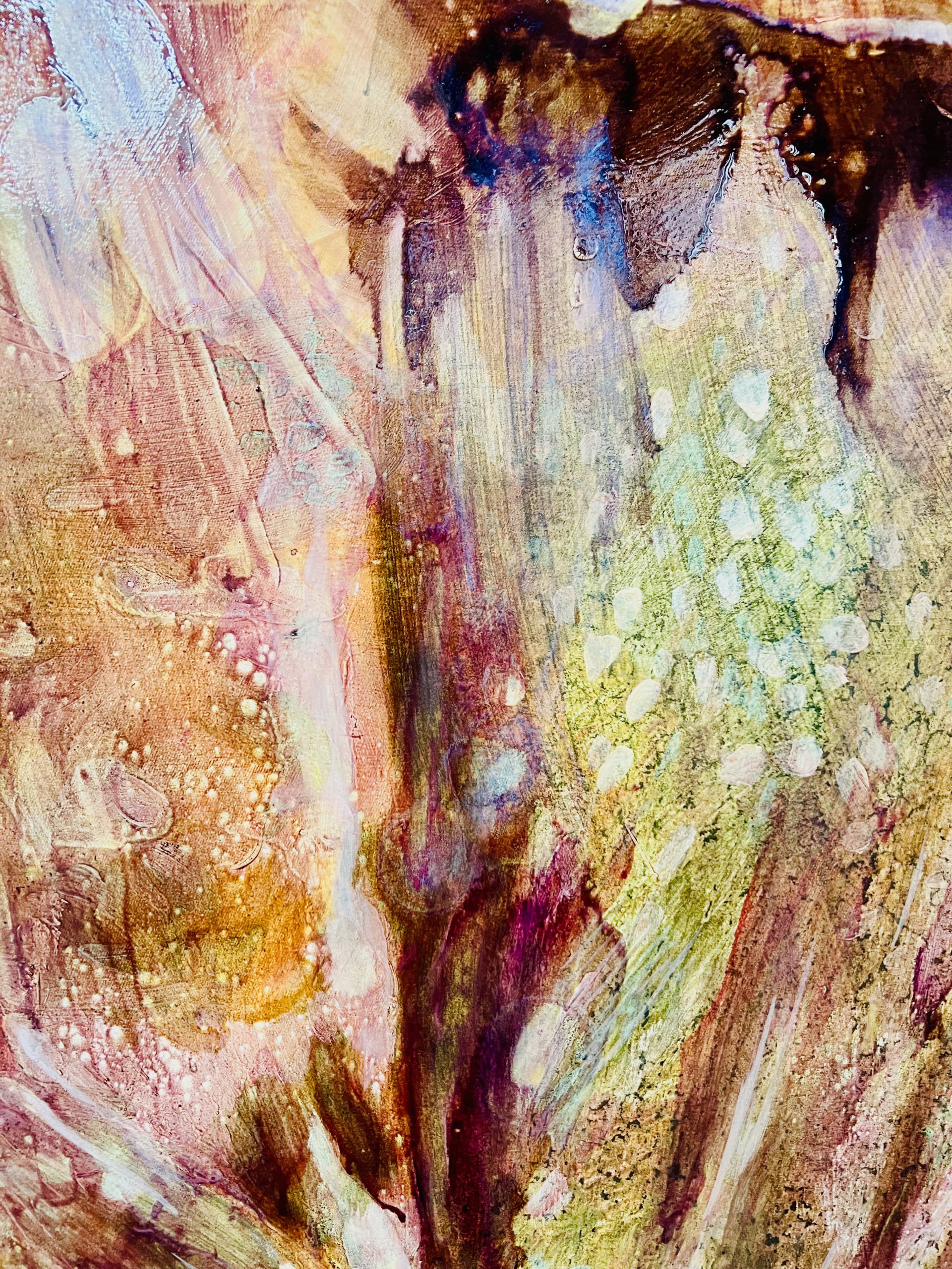 UNTITLED, 2025. 
Oil, egg tempera, tar, ink, ink, aluminium, mother-of-pearl, copper, shellac on cotton. 
190 x 150 cm / 74,80 x 59,05 in. 
Item-ID: RL/P-25-100