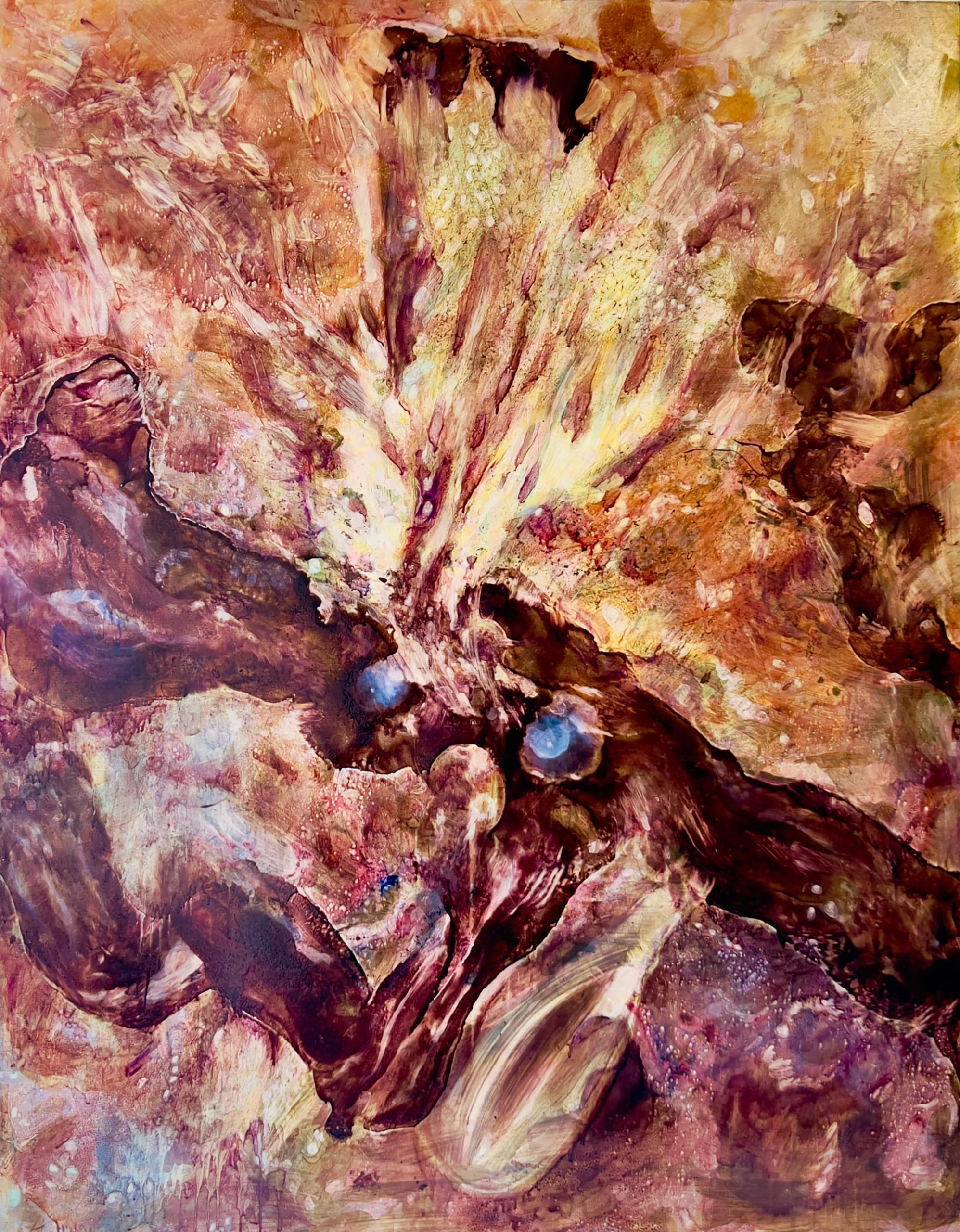 UNTITLED, 2025. 
Oil, egg tempera, tar, ink, ink, aluminium, mother-of-pearl, copper, shellac on cotton. 
190 x 150 cm / 74,80 x 59,05 in. 
Item-ID: RL/P-25-100