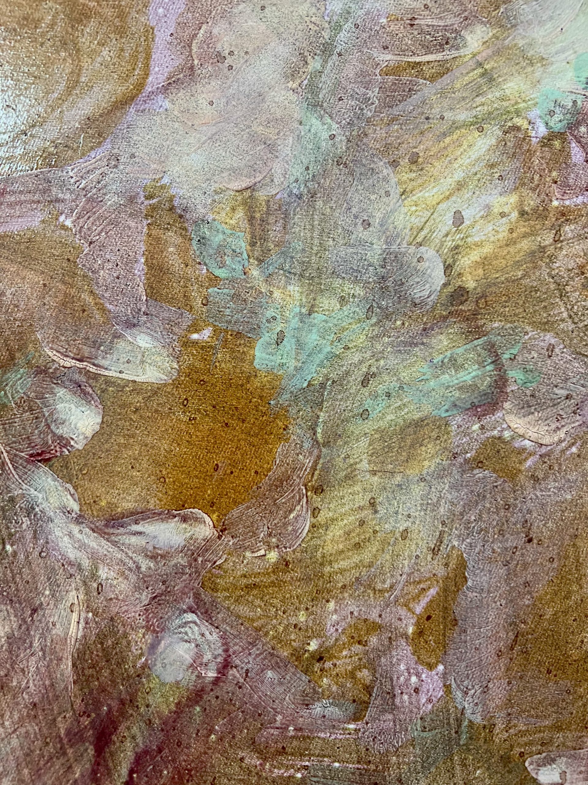 UNTITLED, 2025. 
Oil, egg tempera, tar, ink, ink, aluminium, mother-of-pearl, copper, shellac on cotton. 
190 x 150 cm / 74,80 x 59,05 in. 
Item-ID: RL/P-25-100